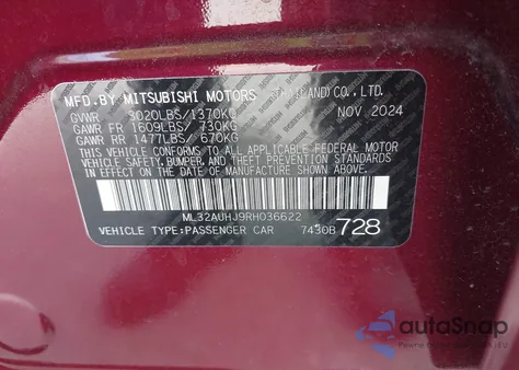 2024 Mitsubishi Mirage Es/Le z USA, uszkodzony, nr VIN ML32AUHJ9RH036622